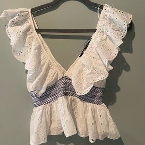 Zara White and Blue Smocked Top